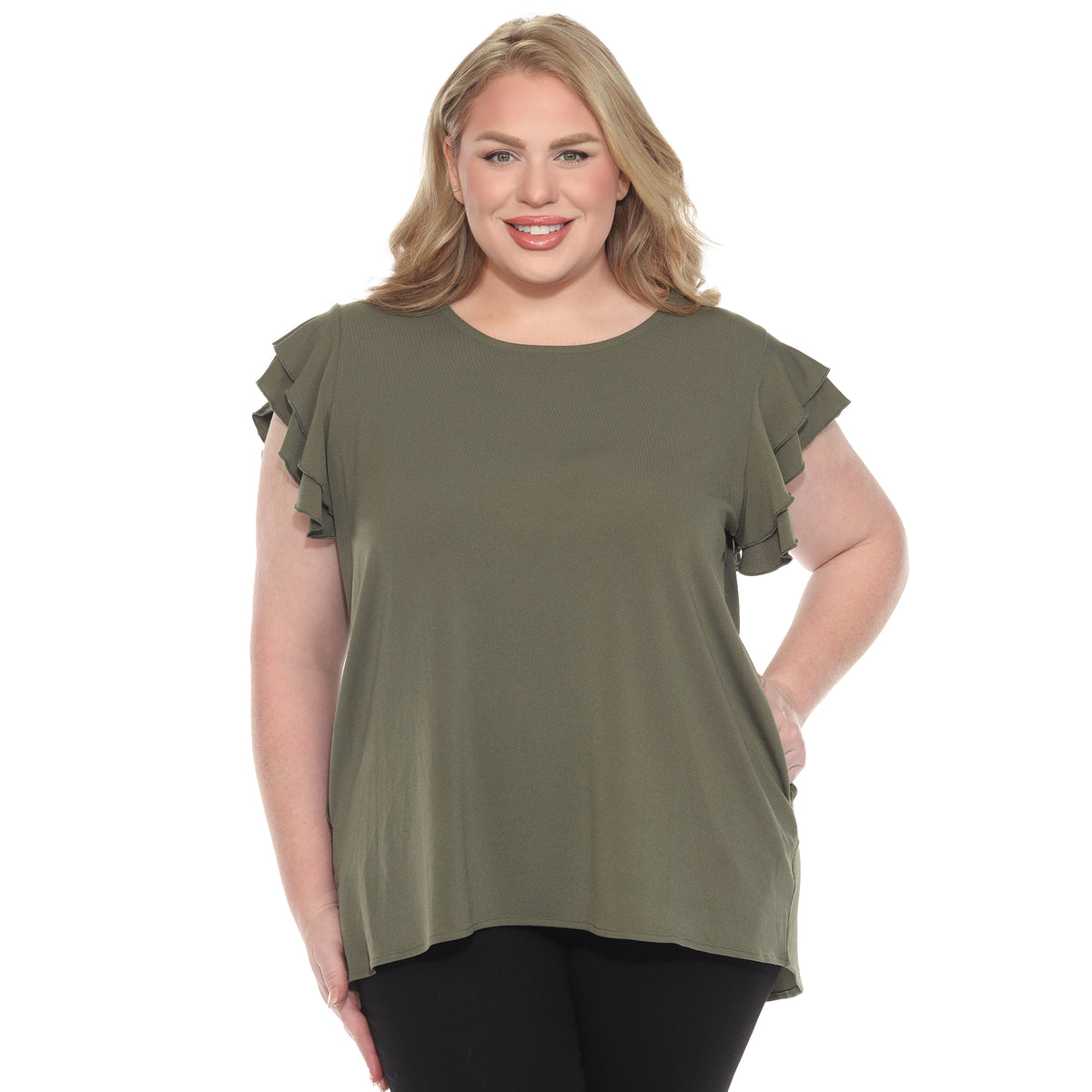 White Mark Women's Ruffle Sleeve Short Sleeve Solid Top