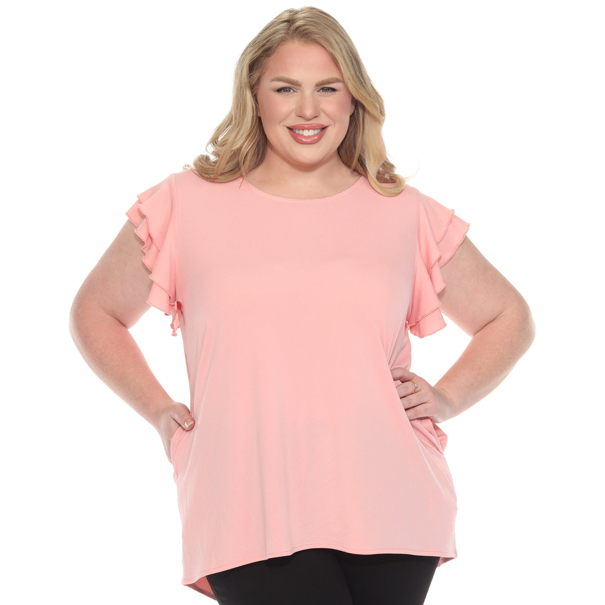 White Mark Women's Ruffle Sleeve Short Sleeve Solid Top