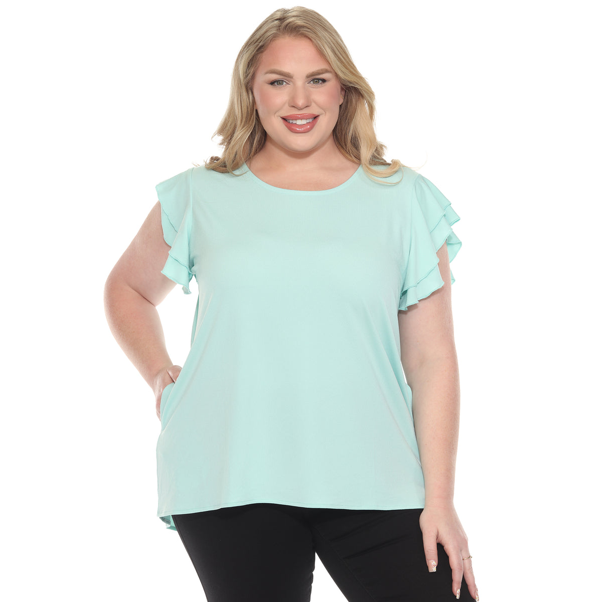 White Mark Women's Ruffle Sleeve Short Sleeve Solid Top