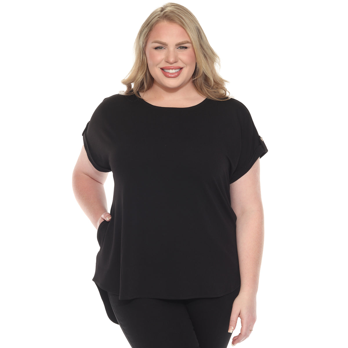 White Mark Women's Folded Short Sleeve Solid Top