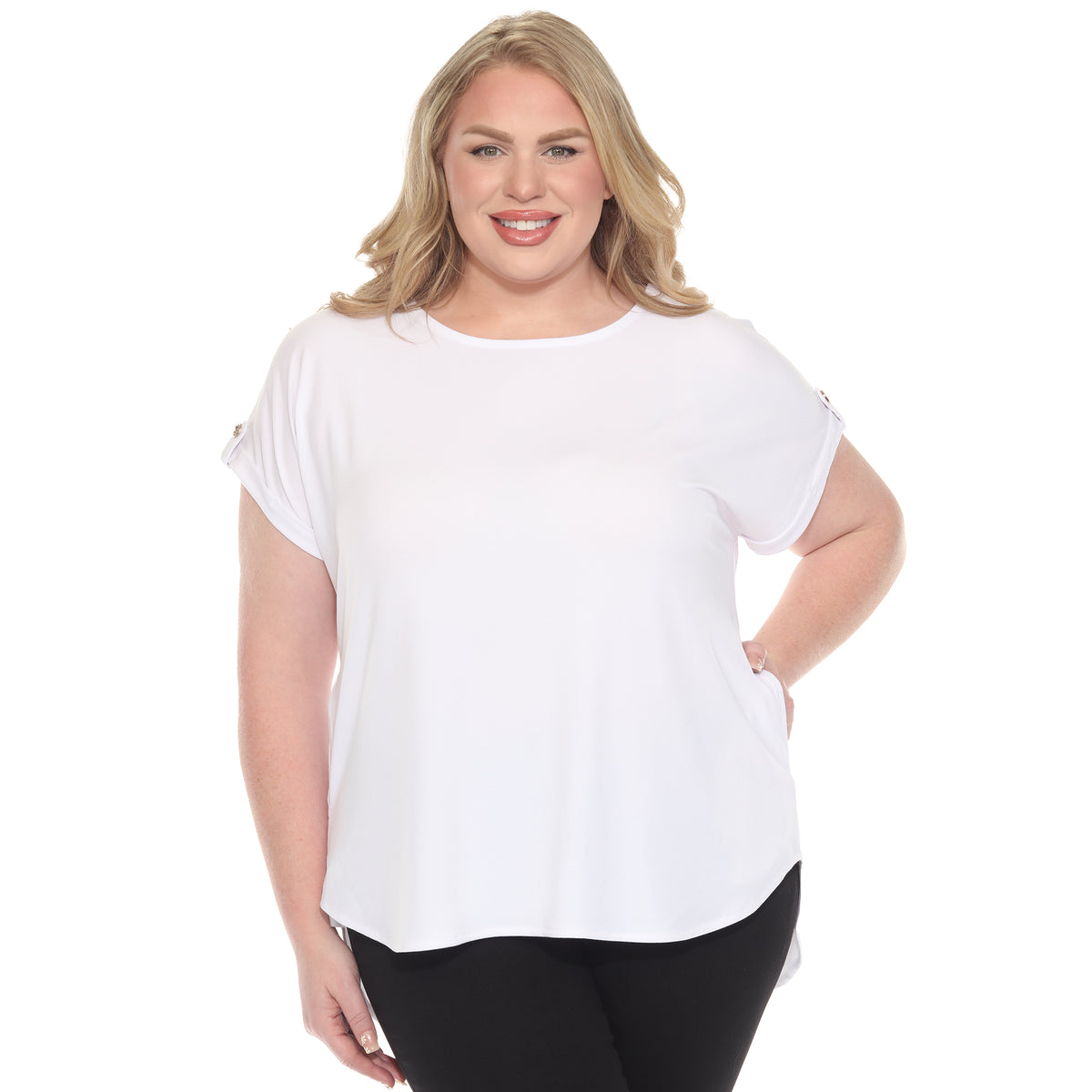 White Mark Women's Folded Short Sleeve Solid Top