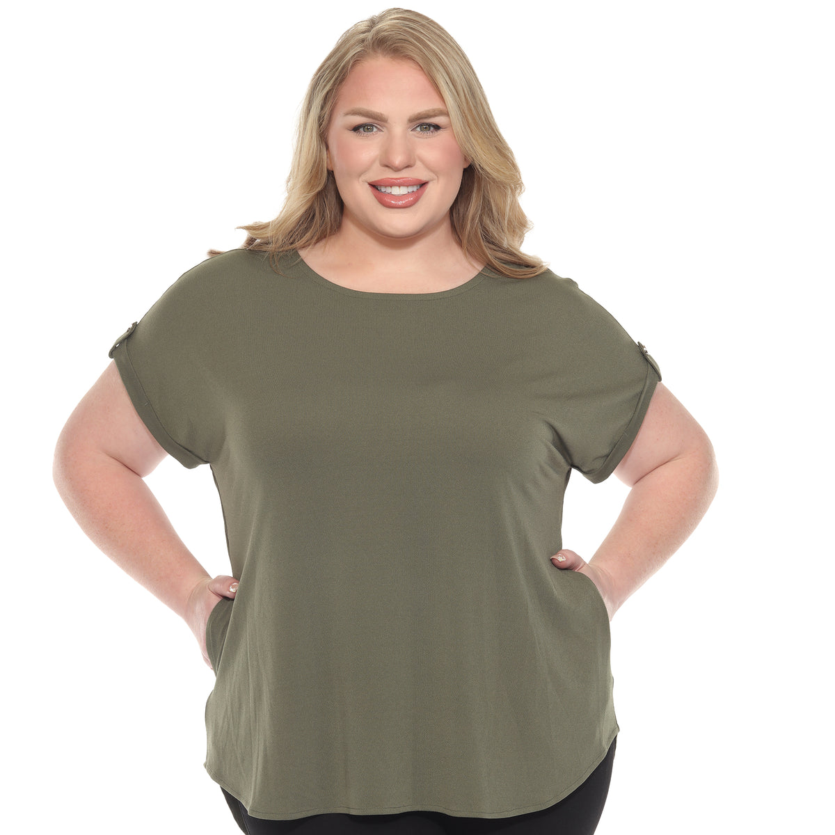 White Mark Women's Folded Short Sleeve Solid Top