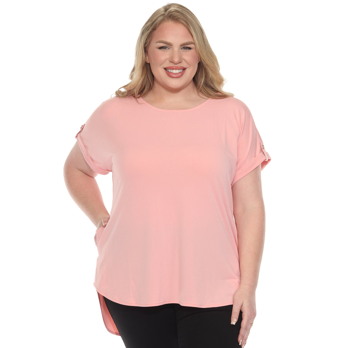 White Mark Women's Folded Short Sleeve Solid Top