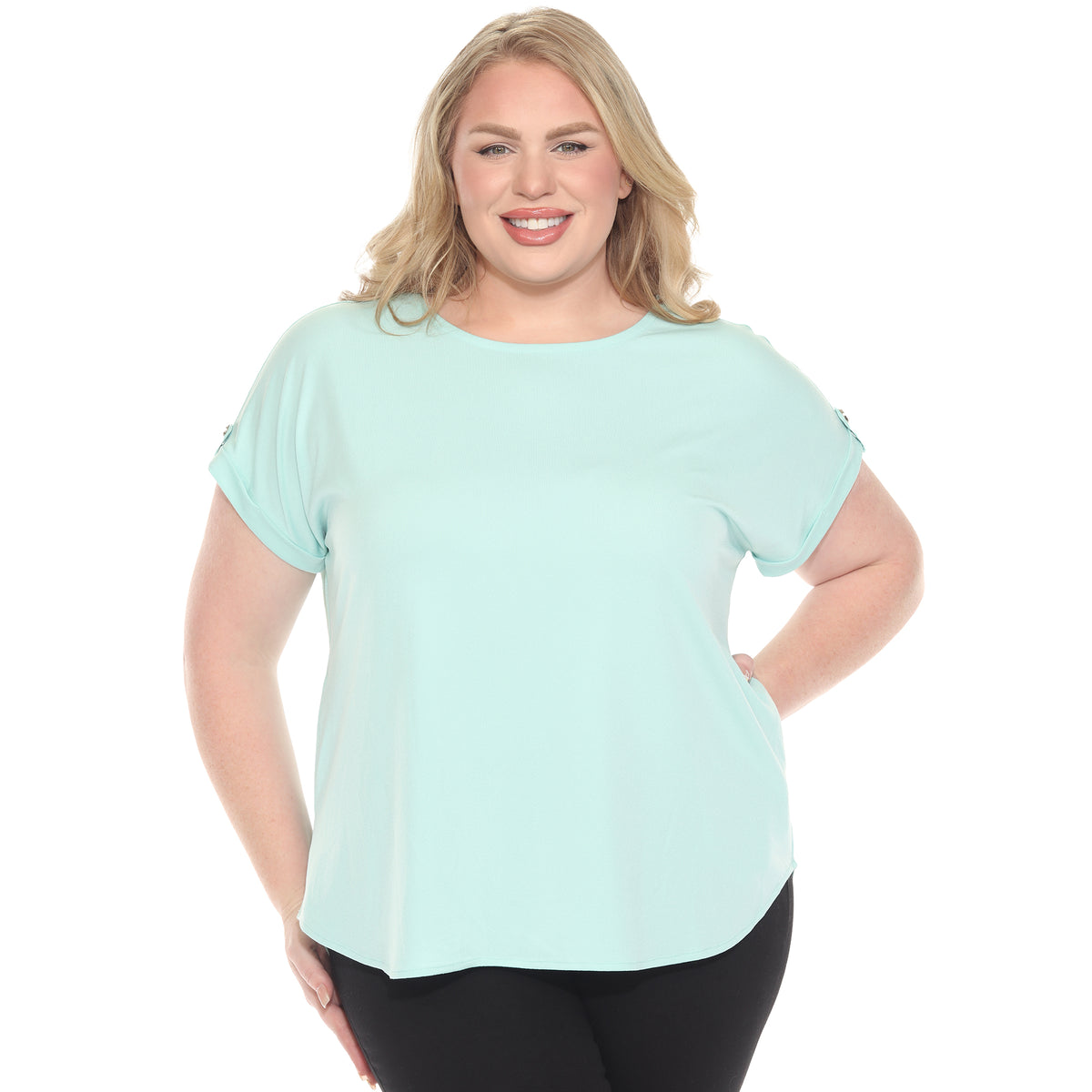 White Mark Women's Folded Short Sleeve Solid Top