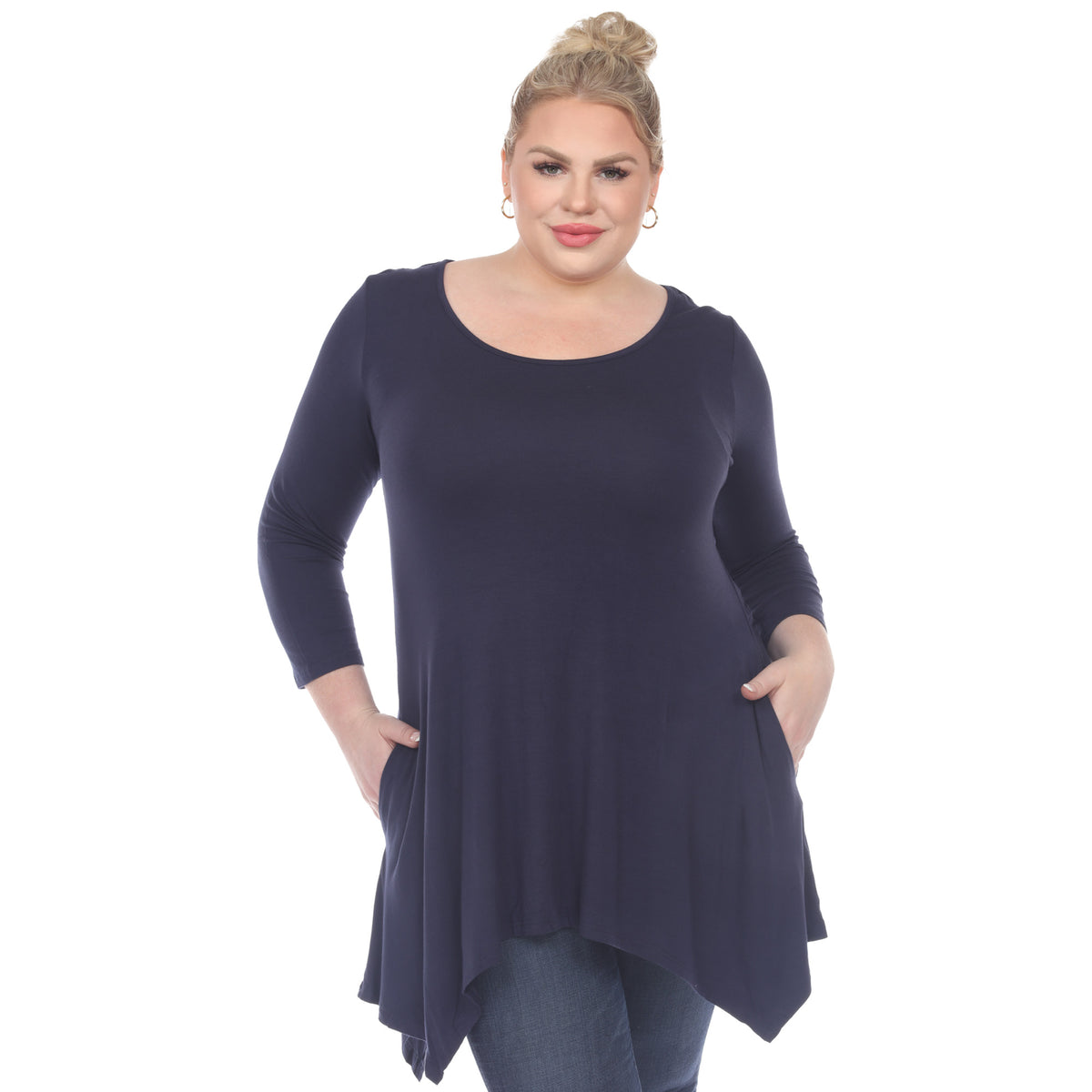 White Mark Women's Makayla Long Sleeve Four Point Hem Solid Tunic Top