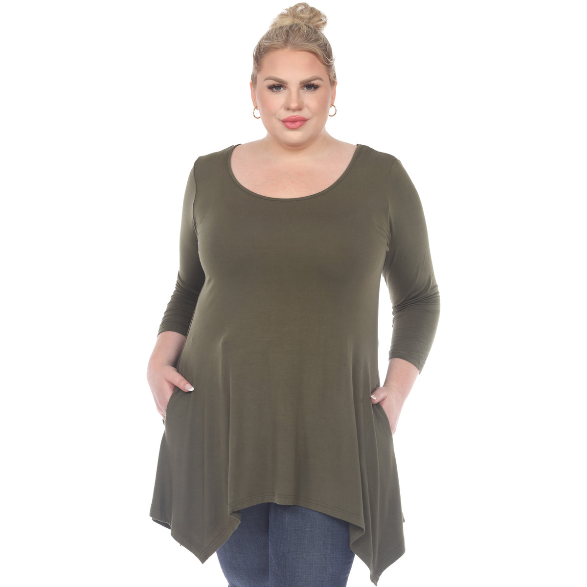White Mark Women's Makayla Long Sleeve Four Point Hem Solid Tunic Top