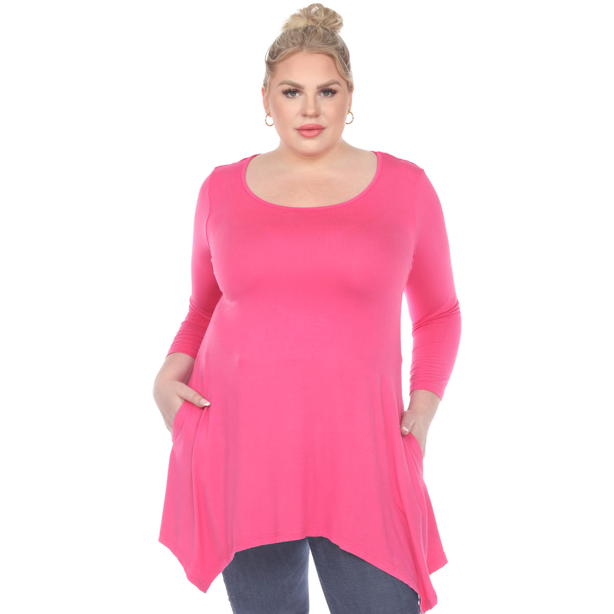 White Mark Women's Makayla Long Sleeve Four Point Hem Solid Tunic Top