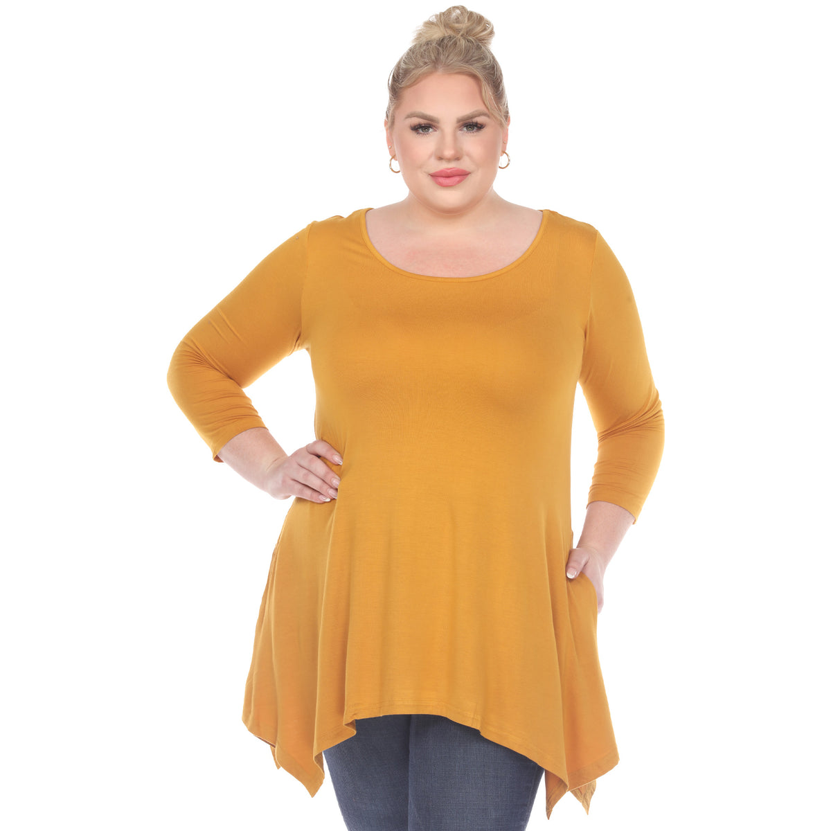 White Mark Women's Makayla Long Sleeve Four Point Hem Solid Tunic Top