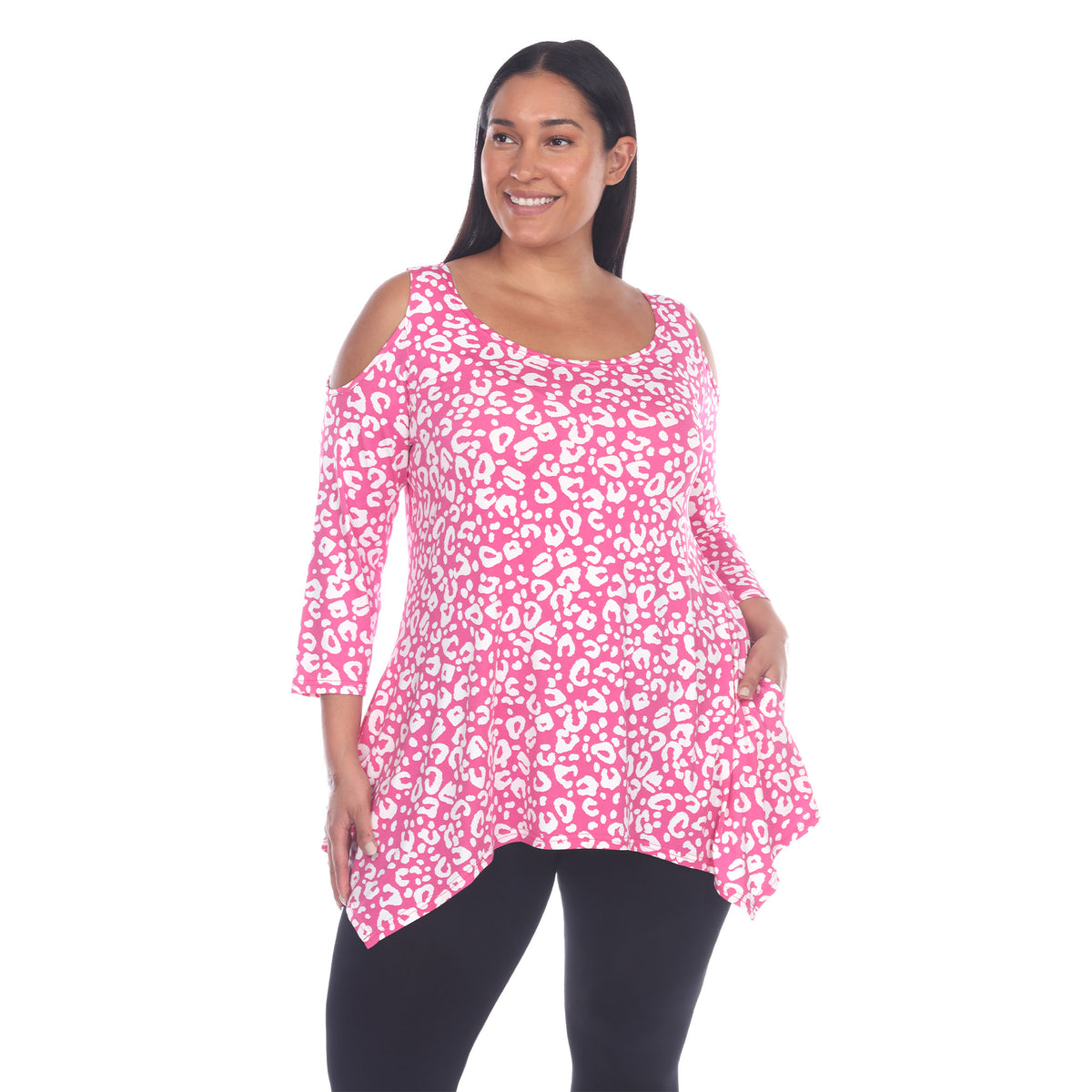 White Mark Women's Leopard Print Cold Shoulder Tunic Top