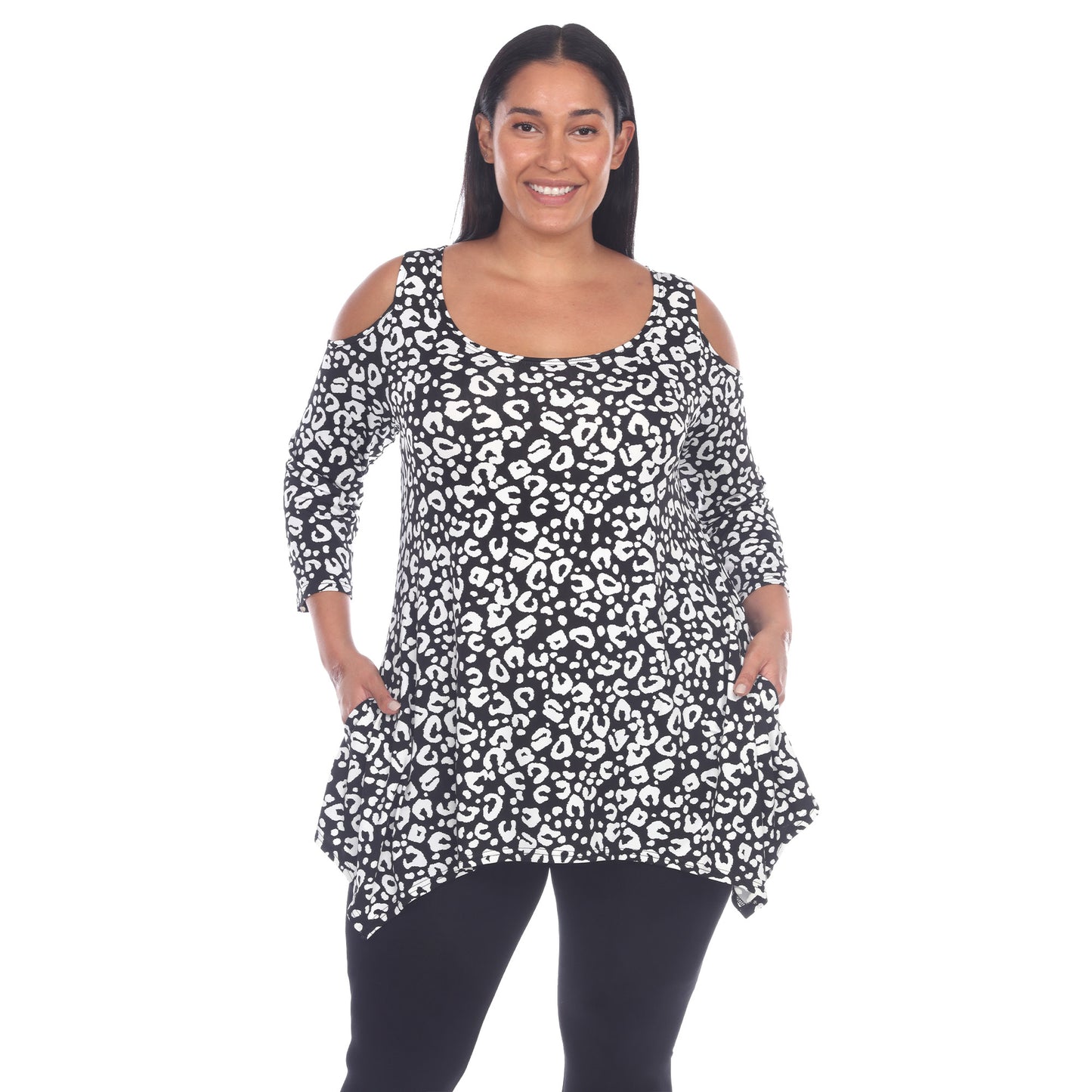 White Mark Women's Leopard Print Cold Shoulder Tunic Top