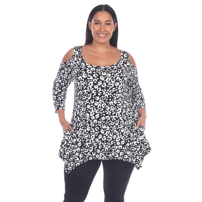 White Mark Women's Leopard Print Cold Shoulder Tunic Top