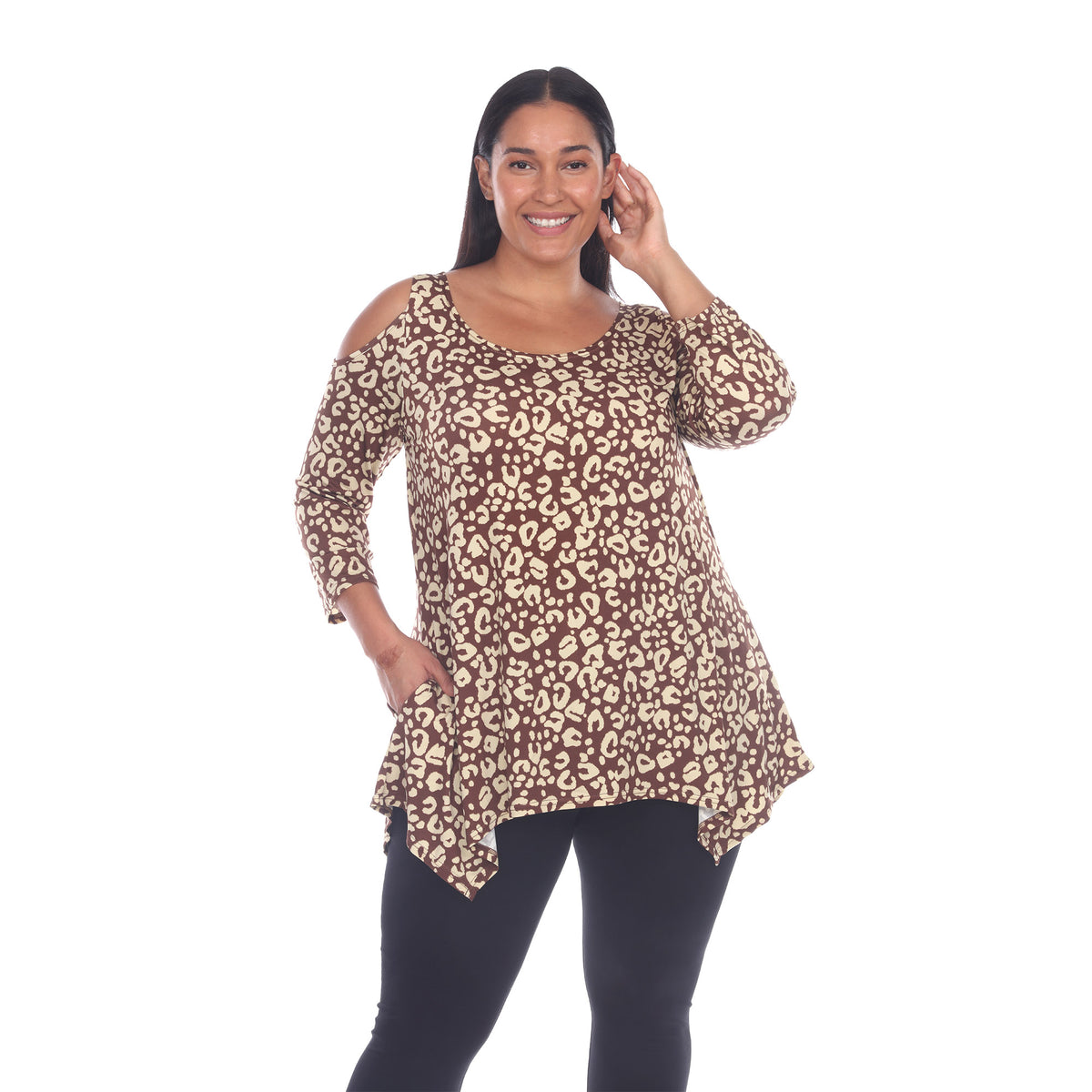 White Mark Women's Leopard Print Cold Shoulder Tunic Top