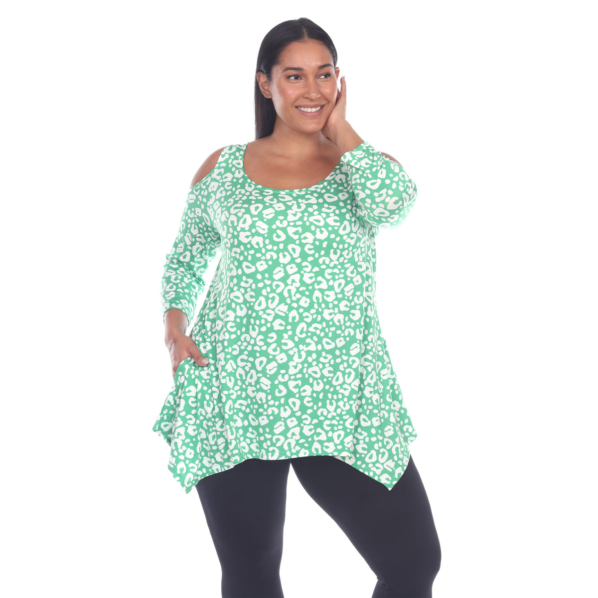 White Mark Women's Leopard Print Cold Shoulder Tunic Top