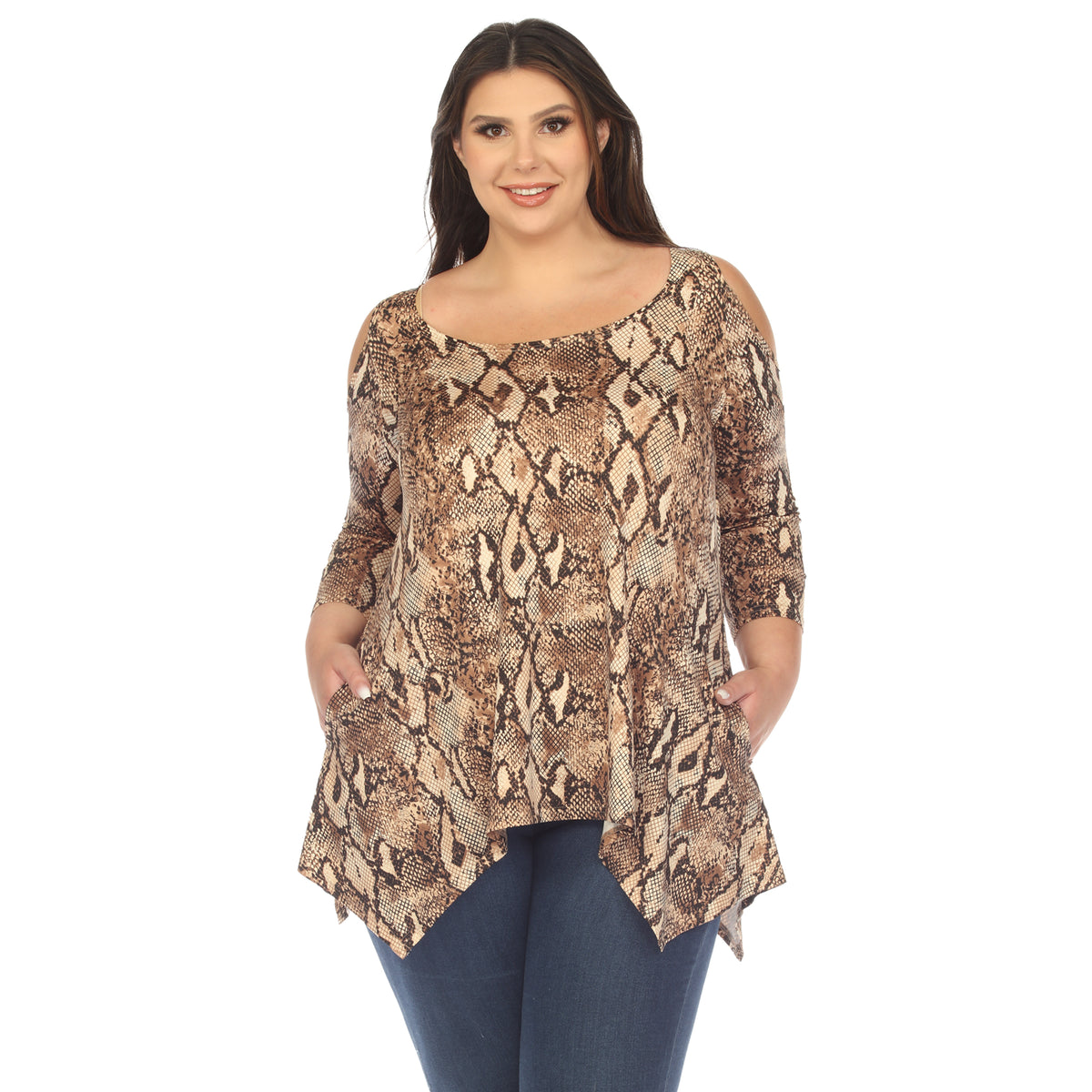 White Mark Women's Snake Print Cold Shoulder Tunic Top