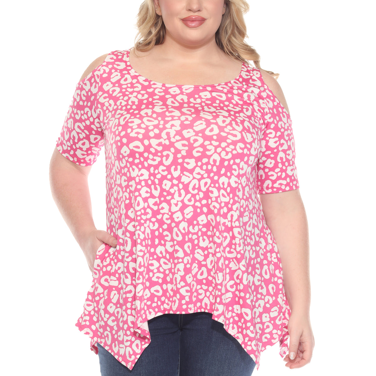 White Mark Women's Leopard Print Cold Shoulder Short Sleeve Tunic