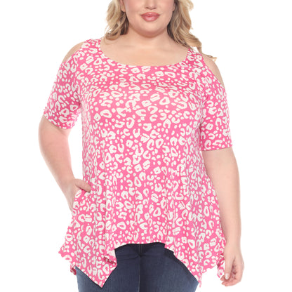 White Mark Women's Leopard Print Cold Shoulder Short Sleeve Tunic