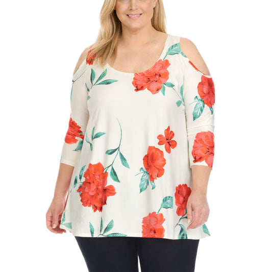 White Mark Women's Plus Size Floral Cold Shoulder Knit Tunic Top