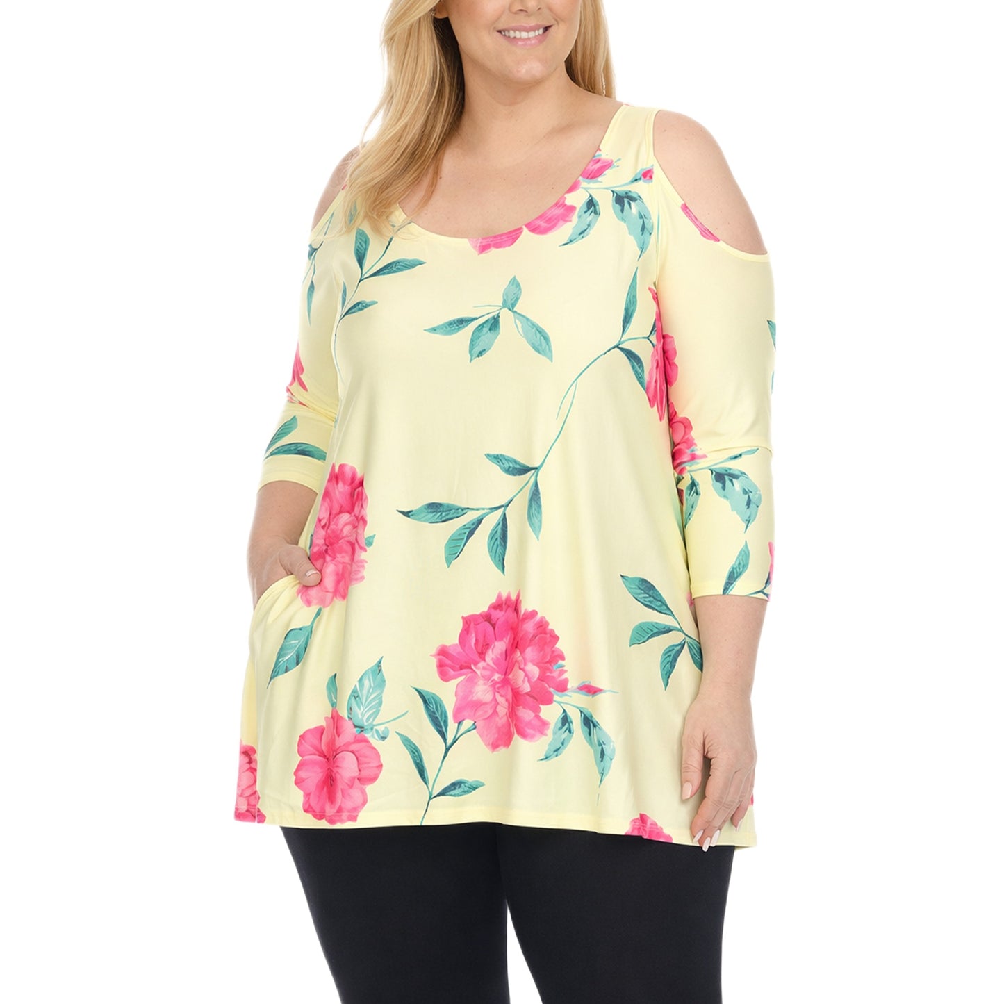 White Mark Women's Plus Size Floral Cold Shoulder Knit Tunic Top
