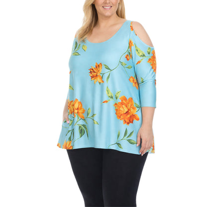 White Mark Women's Plus Size Floral Cold Shoulder Knit Tunic Top