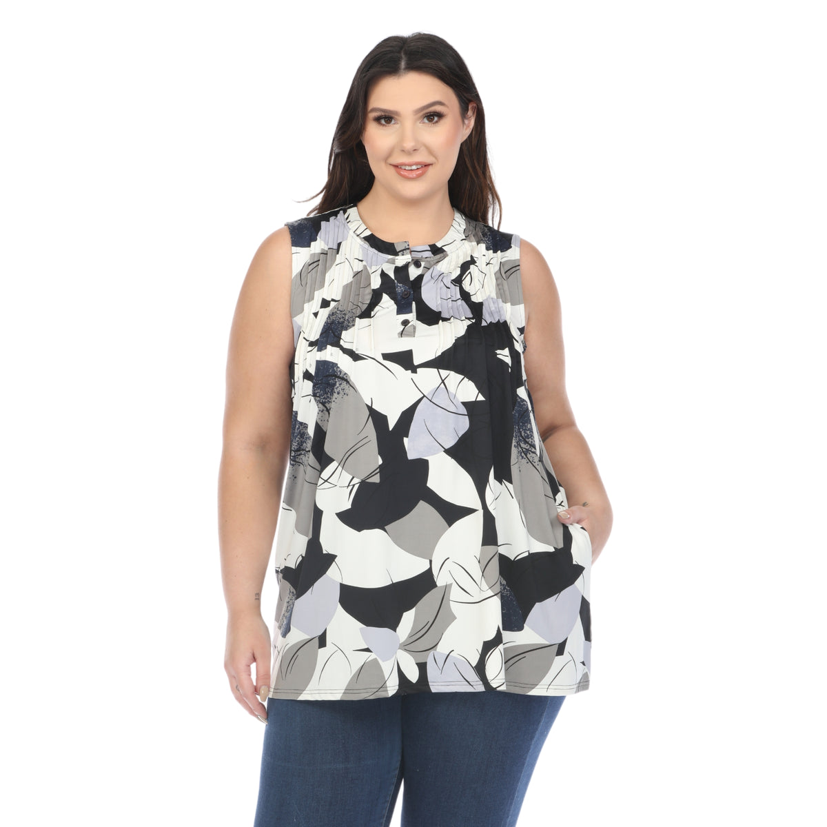 White Mark Women's Exploded Floral Print Pleated Sleeveless Top