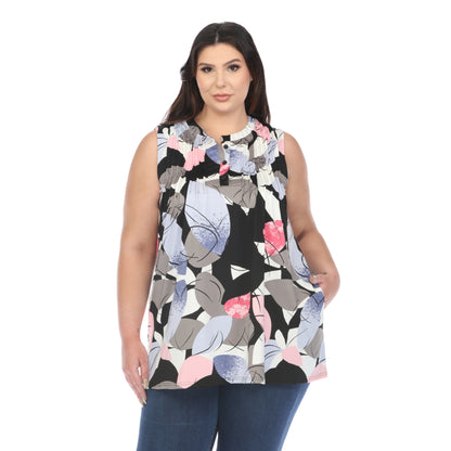 White Mark Women's Exploded Floral Print Pleated Sleeveless Top