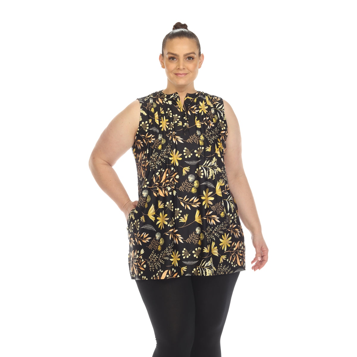 White Mark Women's Floral Print Pleated Sleeveless Top