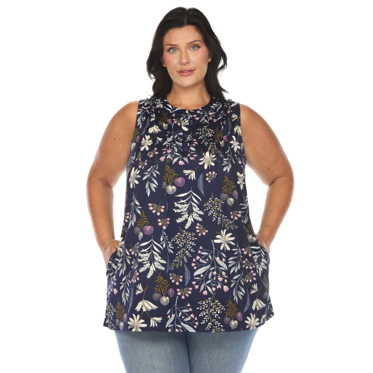 White Mark Women's Floral Print Pleated Sleeveless Top