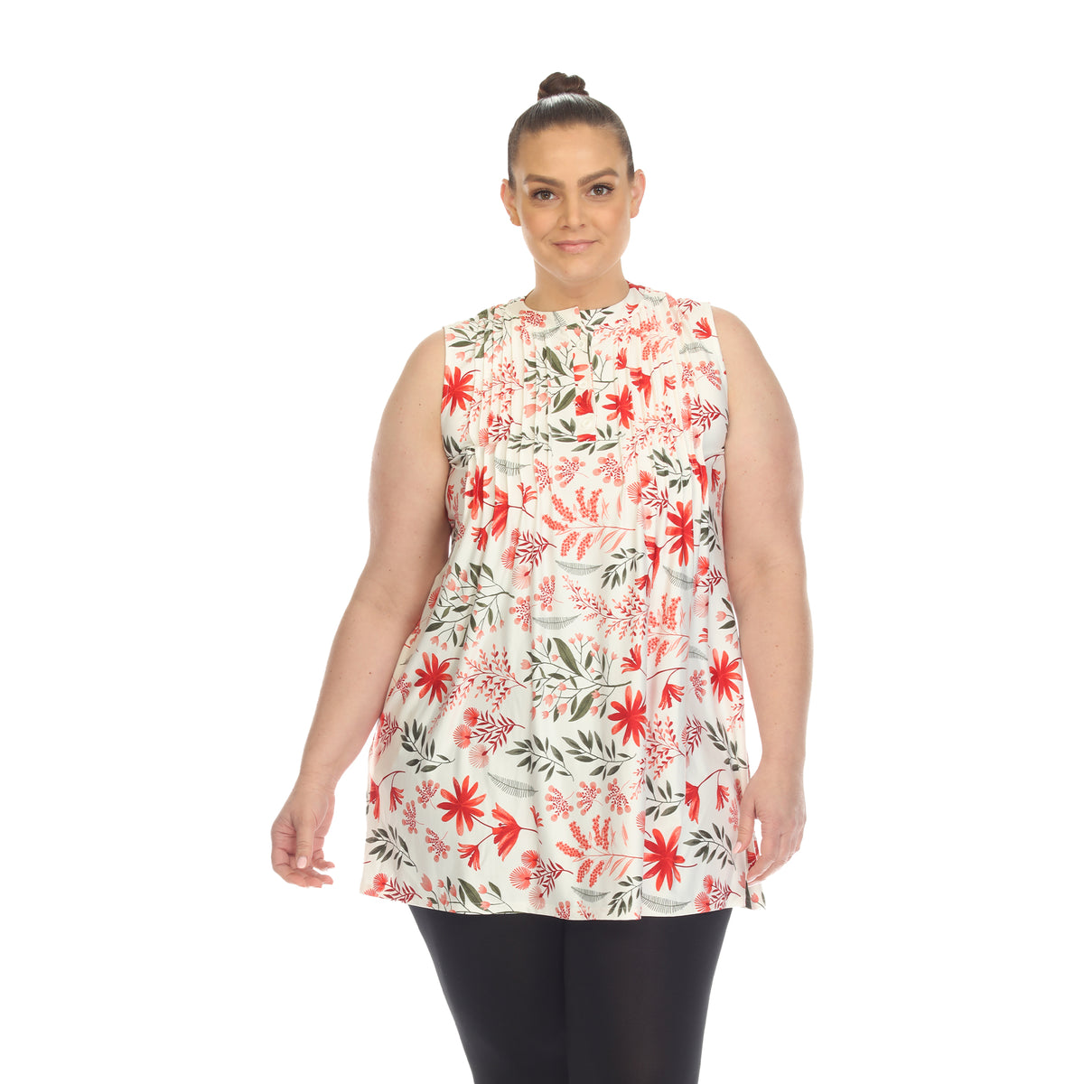White Mark Women's Floral Print Pleated Sleeveless Top