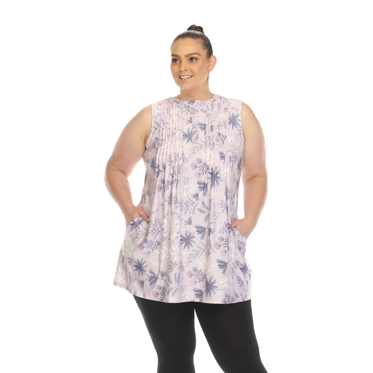 White Mark Women's Floral Print Pleated Sleeveless Top