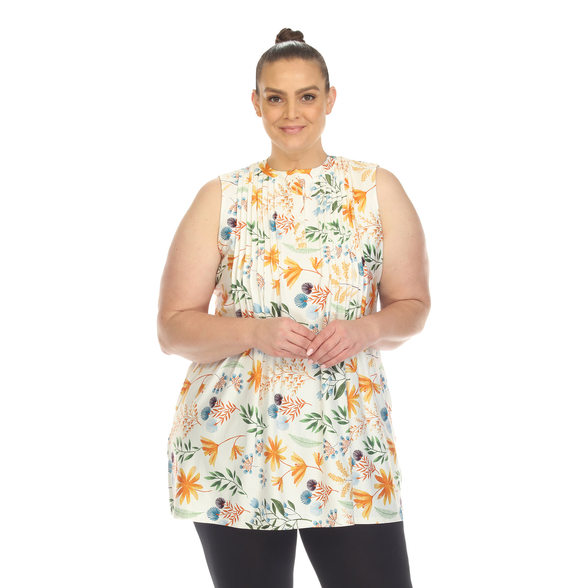 White Mark Women's Floral Print Pleated Sleeveless Top