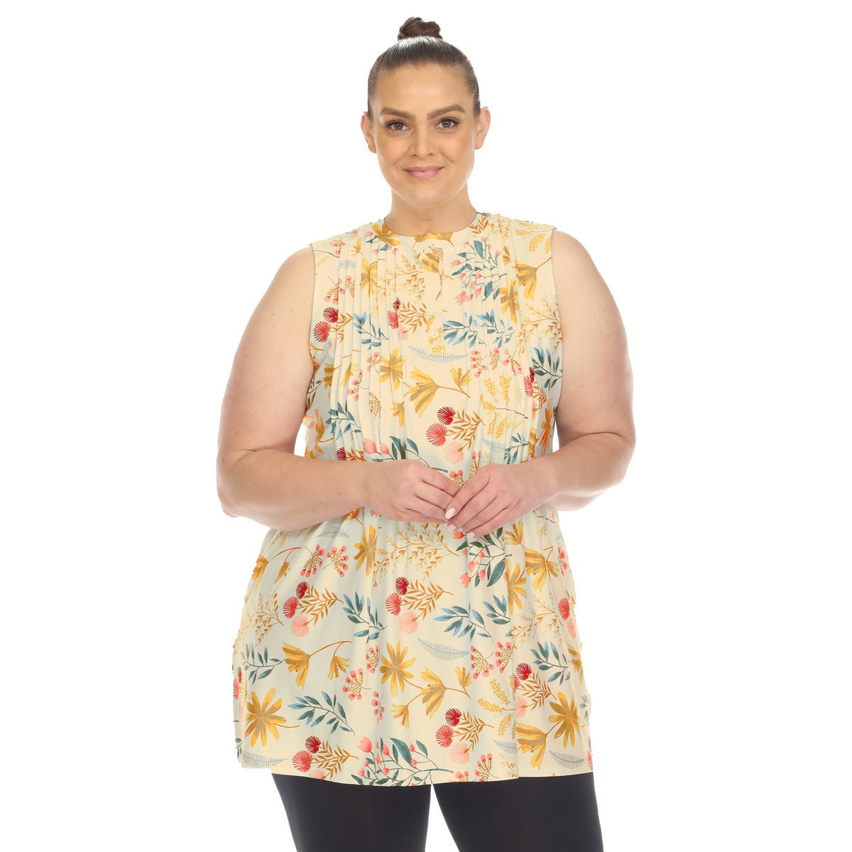 White Mark Women's Floral Print Pleated Sleeveless Top