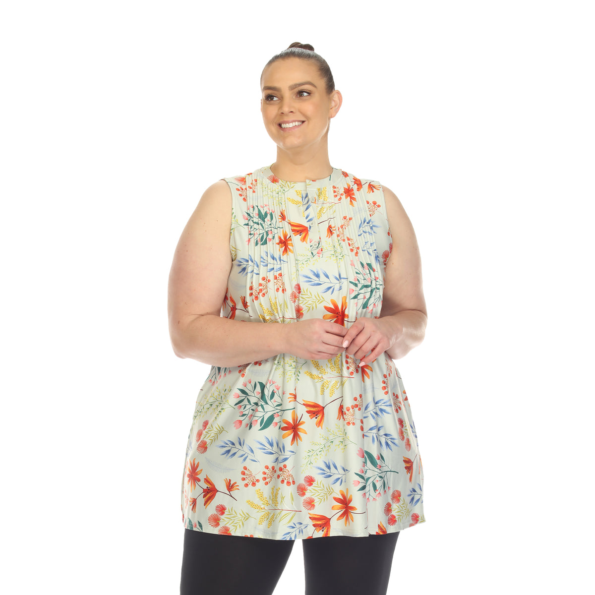 White Mark Women's Floral Print Pleated Sleeveless Top