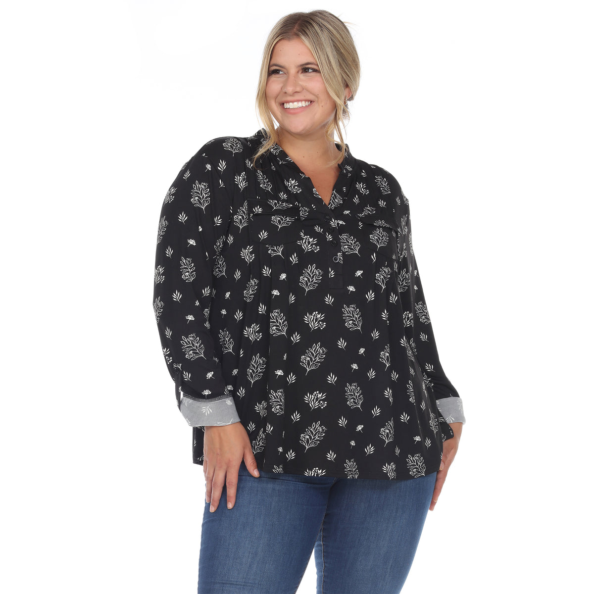 White Mark Women's Pleated Long Sleeve Leaf Print Blouse