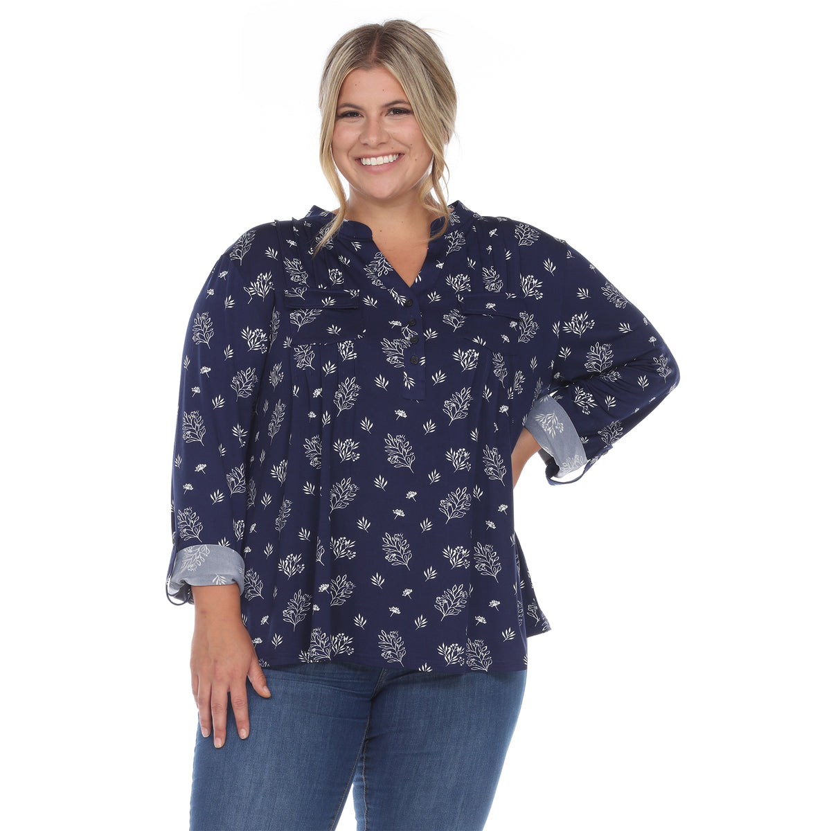 White Mark Women's Pleated Long Sleeve Leaf Print Blouse