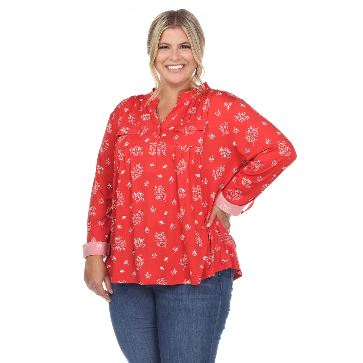 White Mark Women's Pleated Long Sleeve Leaf Print Blouse