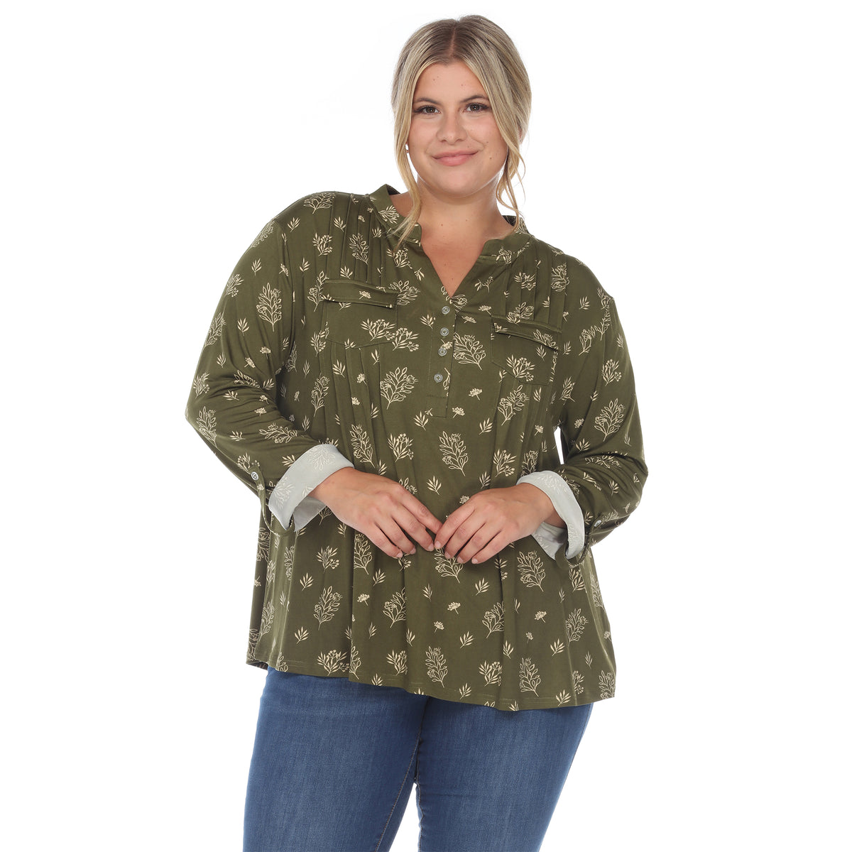 White Mark Women's Pleated Long Sleeve Leaf Print Blouse
