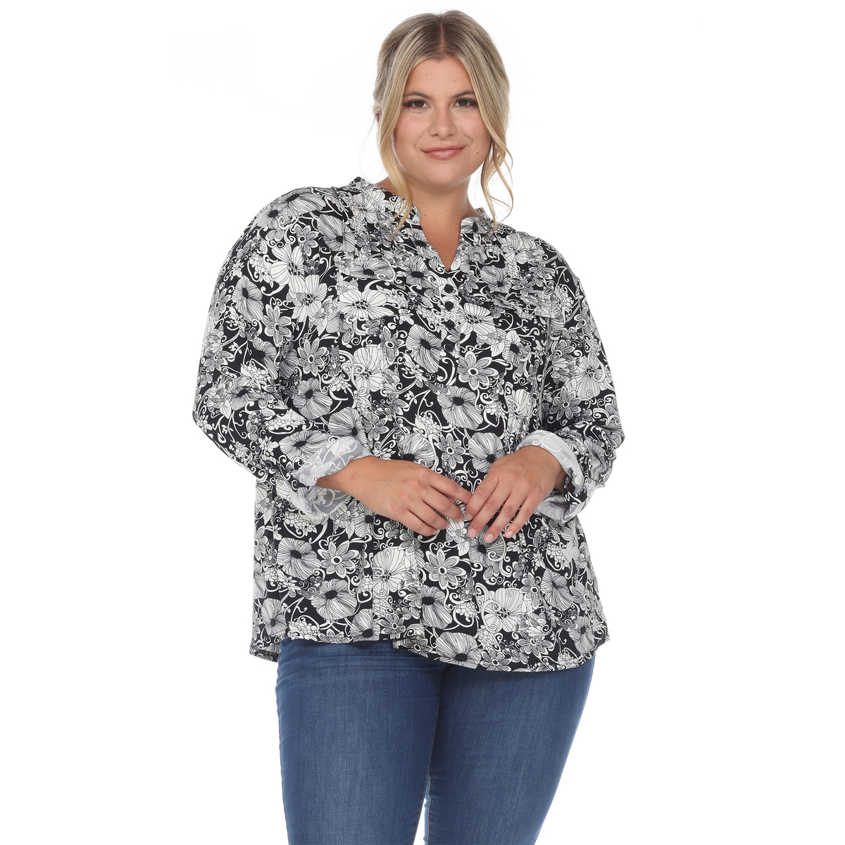 White Mark Women's Pleated Long Sleeve Floral Print Blouse