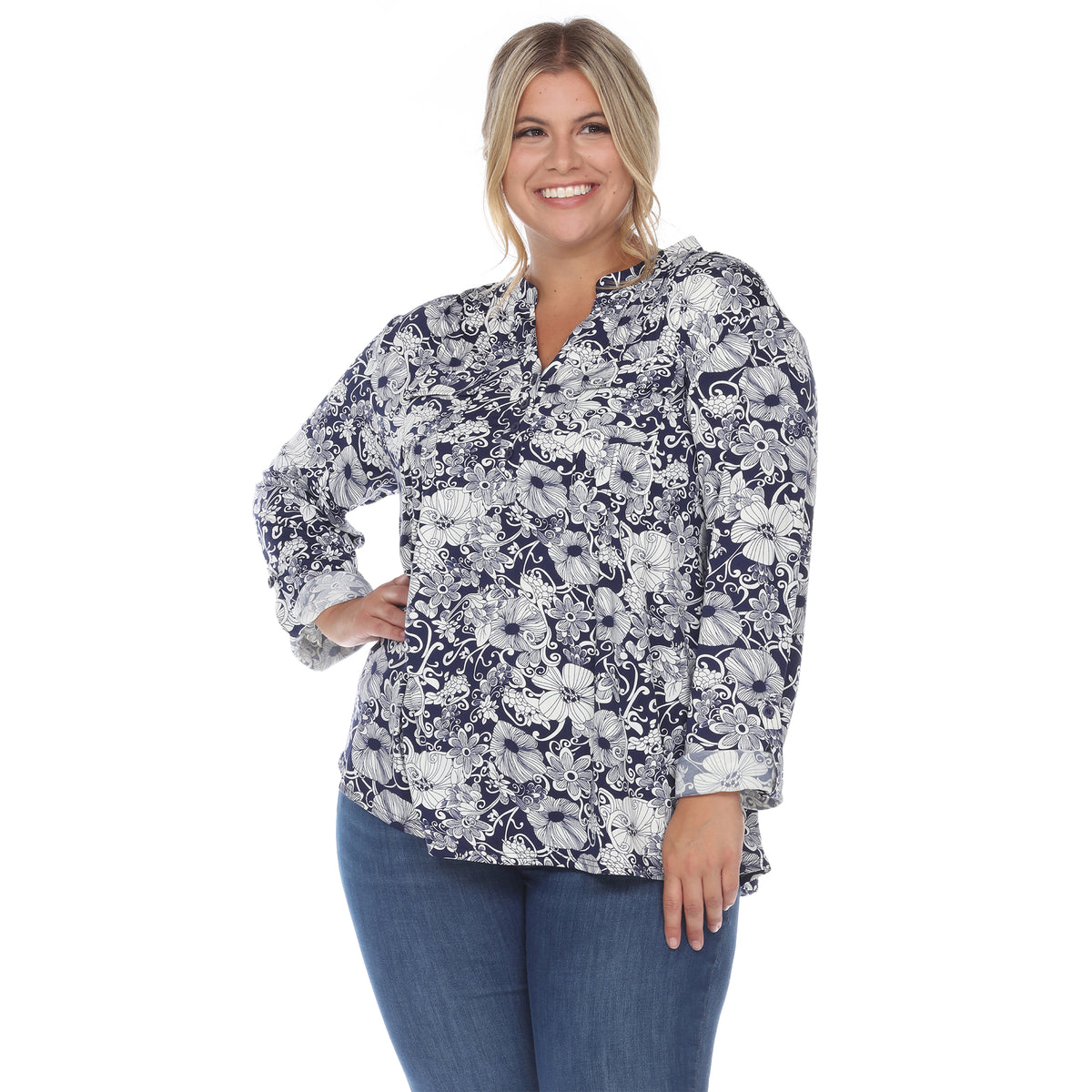 White Mark Women's Pleated Long Sleeve Floral Print Blouse