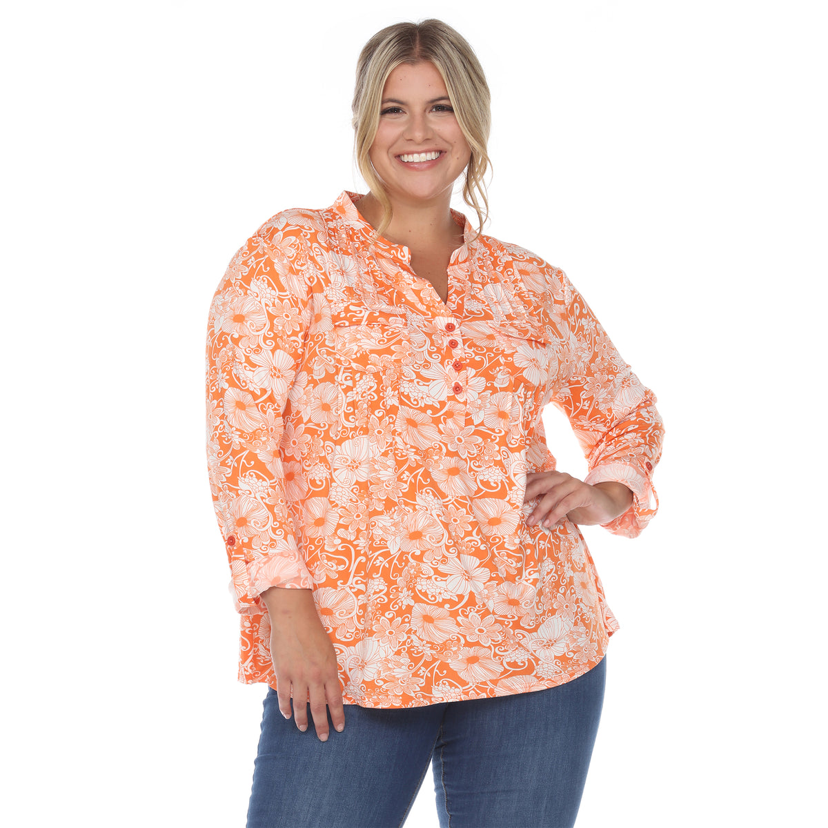 White Mark Women's Pleated Long Sleeve Floral Print Blouse