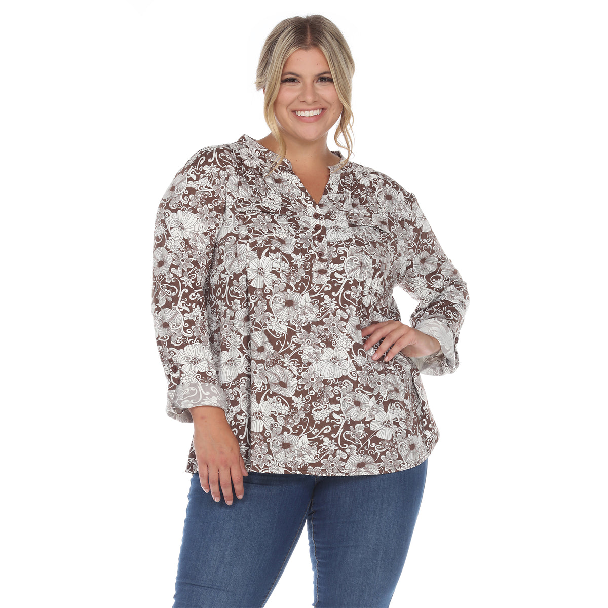 White Mark Women's Pleated Long Sleeve Floral Print Blouse