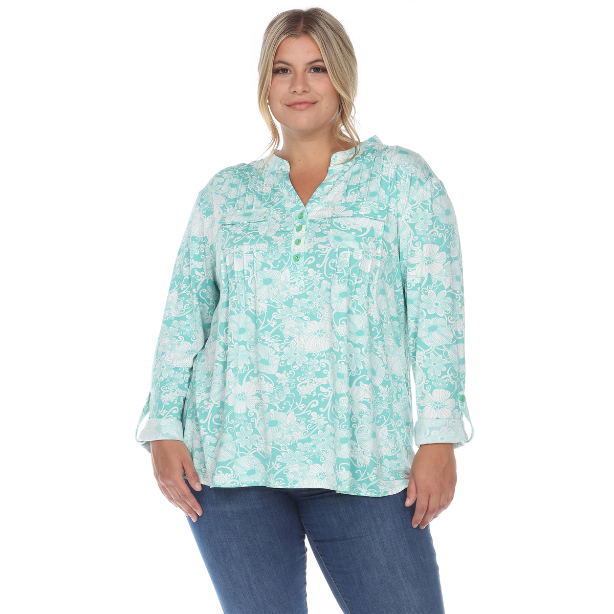 White Mark Women's Pleated Long Sleeve Floral Print Blouse
