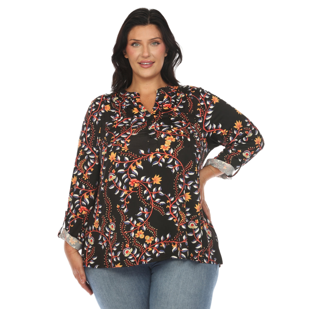 White Mark Women's Paisley Button Front Roll Tab Sleeve Top