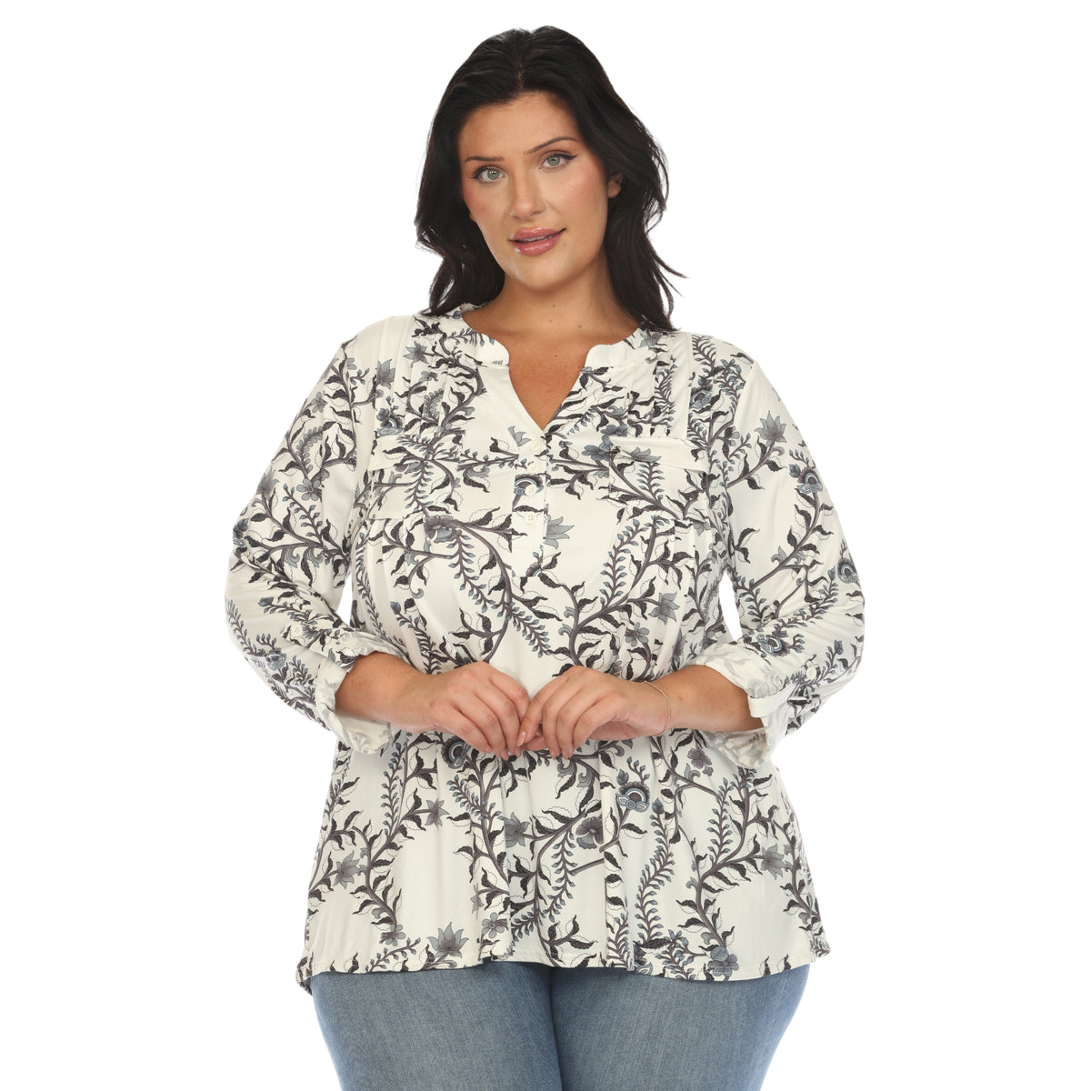 White Mark Women's Paisley Button Front Roll Tab Sleeve Top