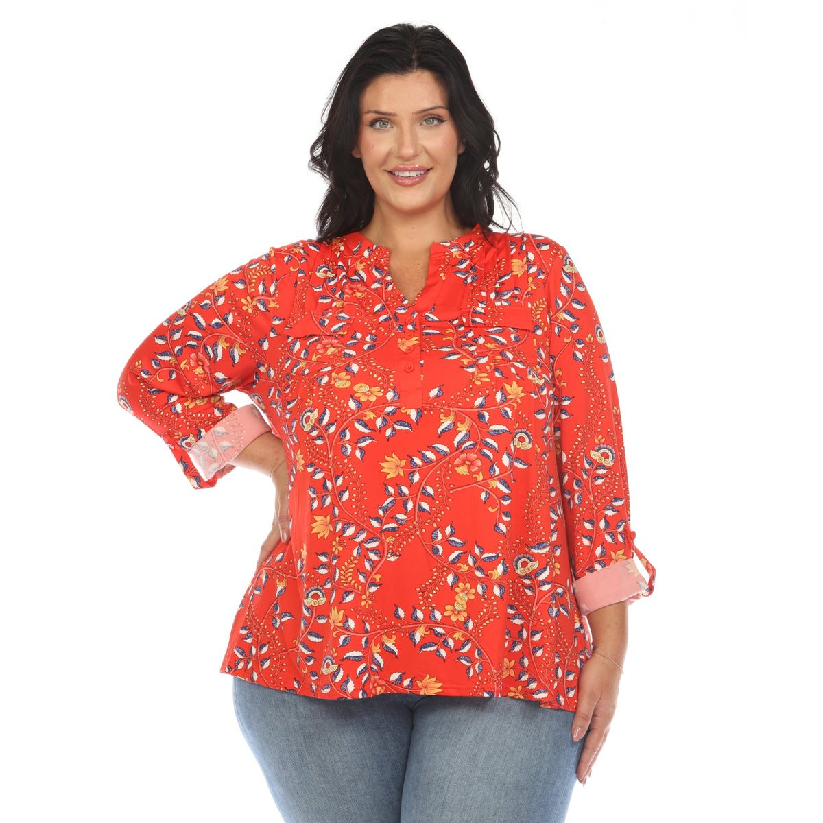 White Mark Women's Paisley Button Front Roll Tab Sleeve Top