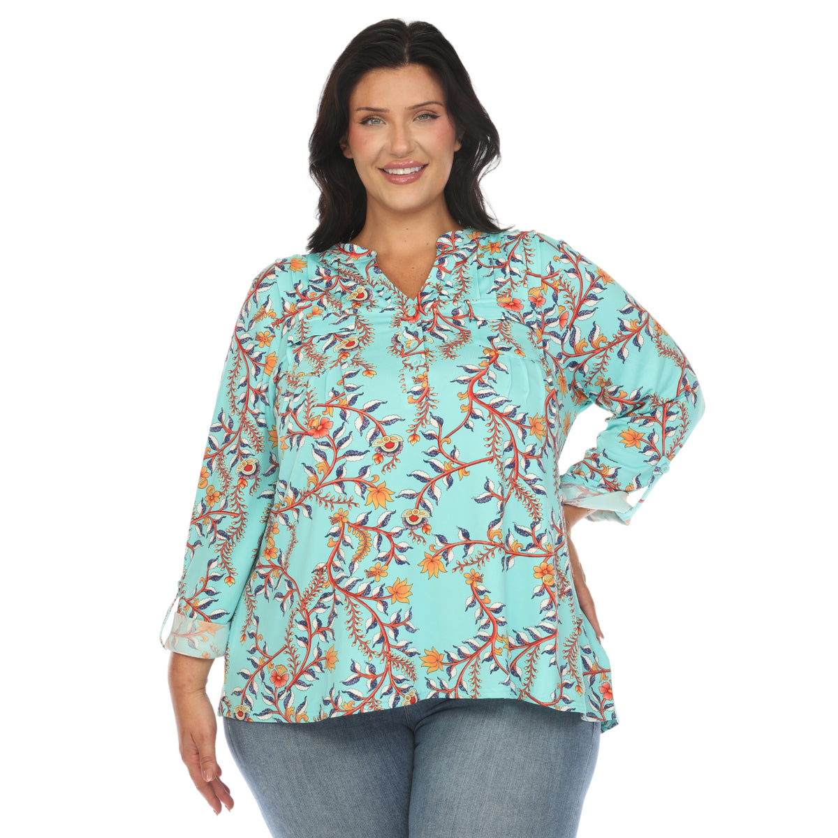 White Mark Women's Paisley Button Front Roll Tab Sleeve Top