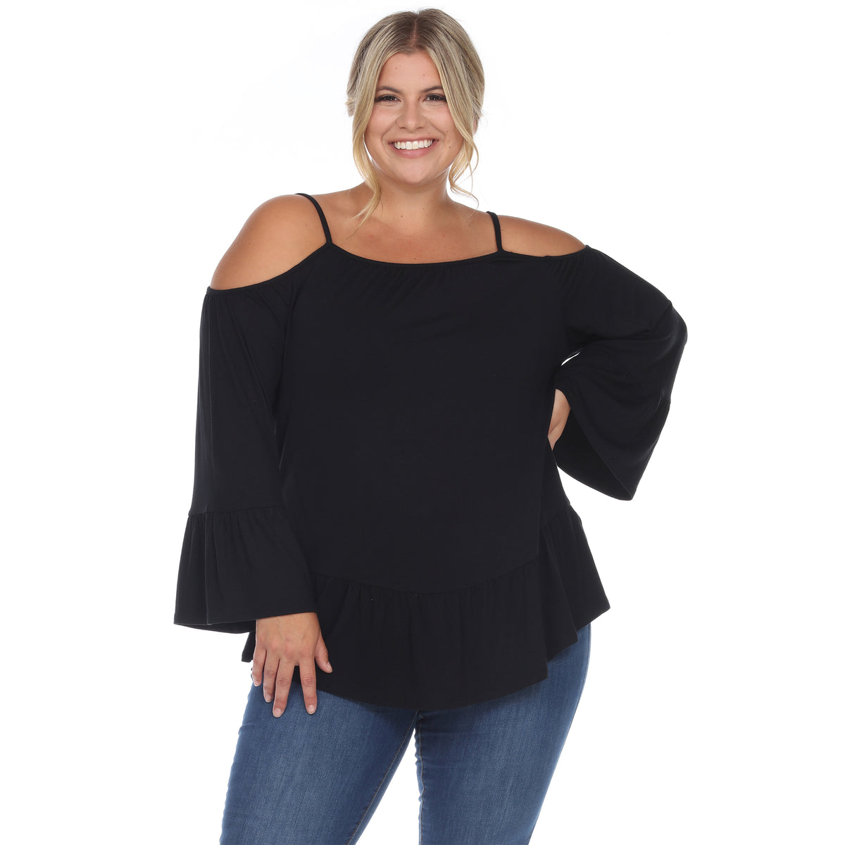 White Mark Women's Cold Shoulder Ruffle Sleeve Top