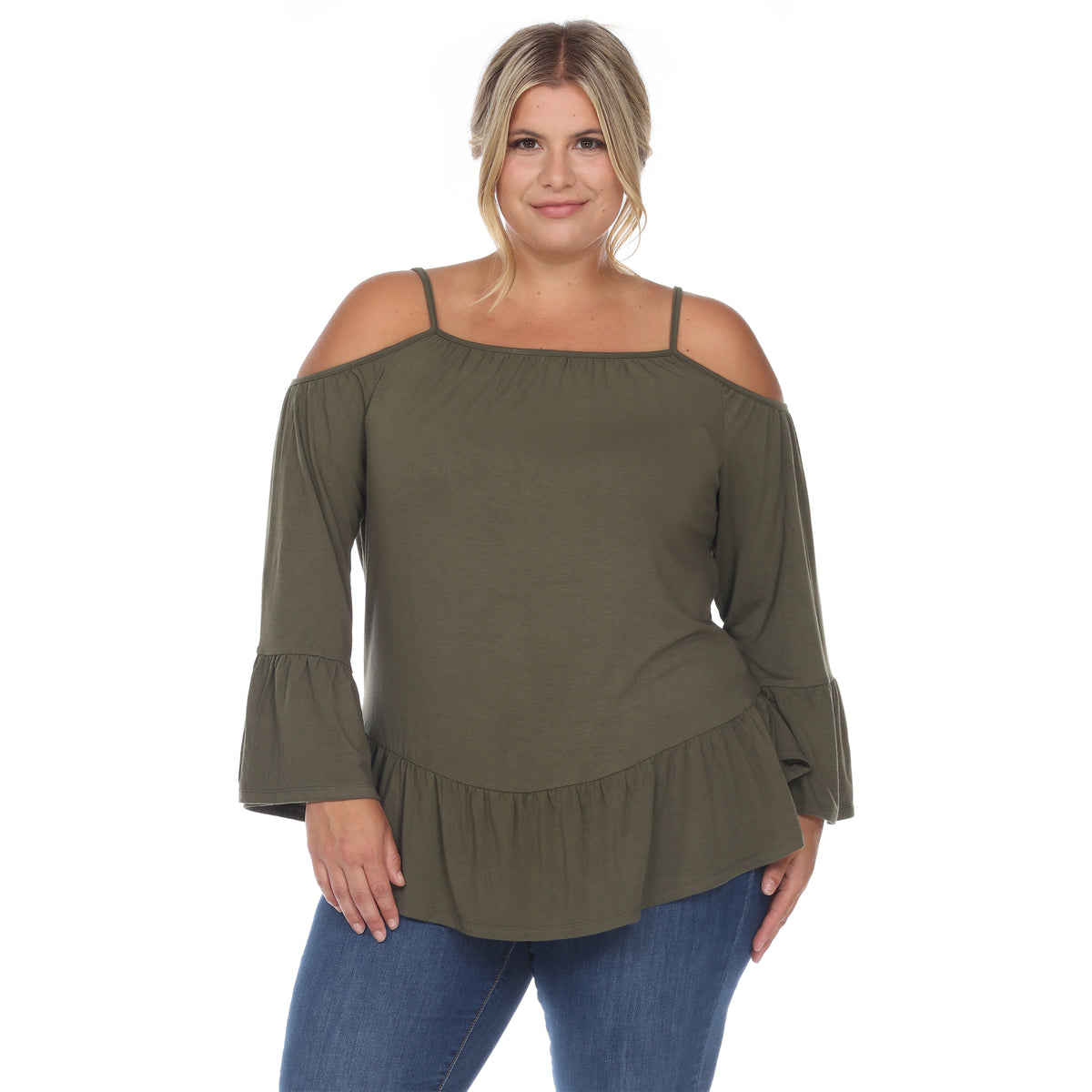 White Mark Women's Cold Shoulder Ruffle Sleeve Top
