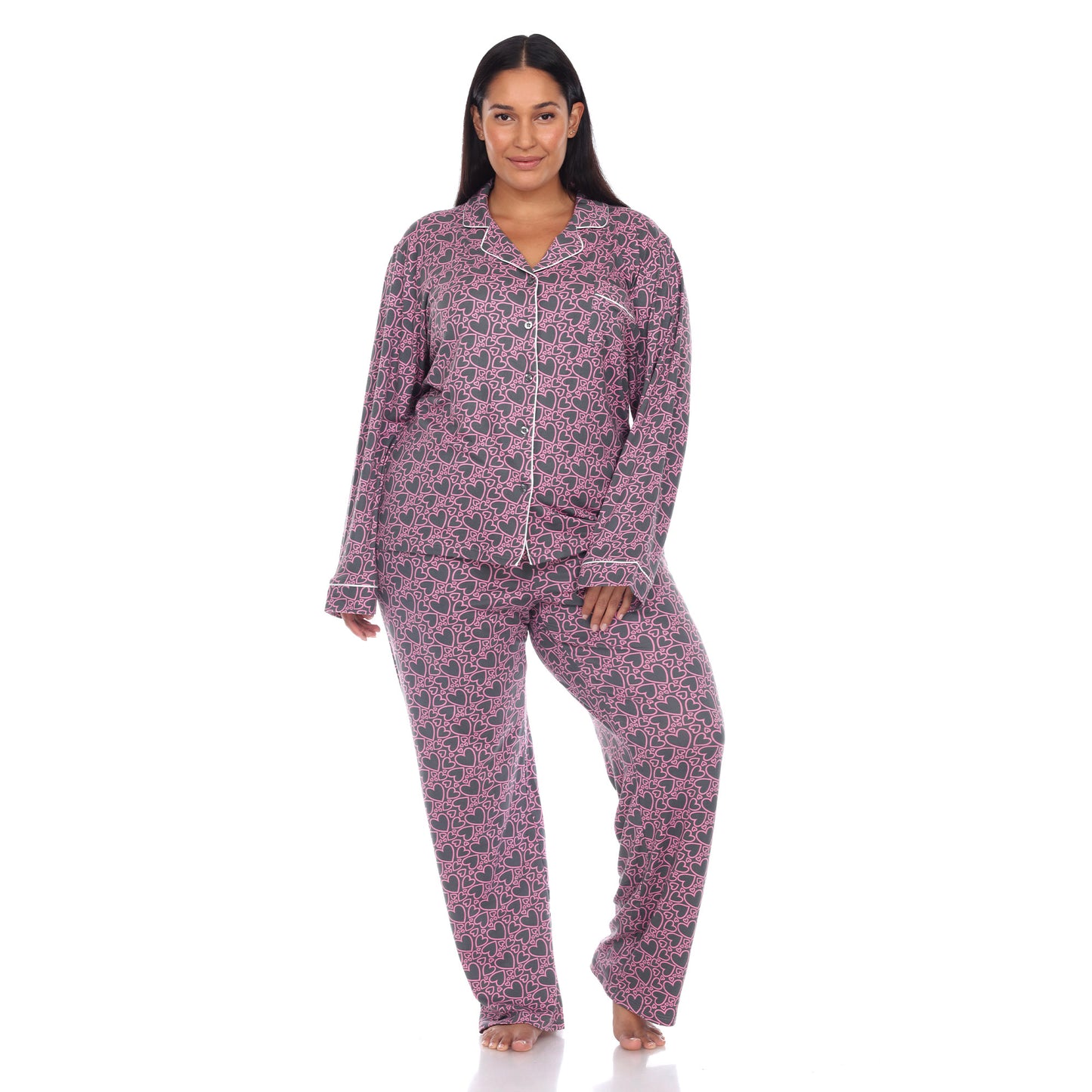 White Mark Women's Long-Sleeve Heart Print Pajama Set