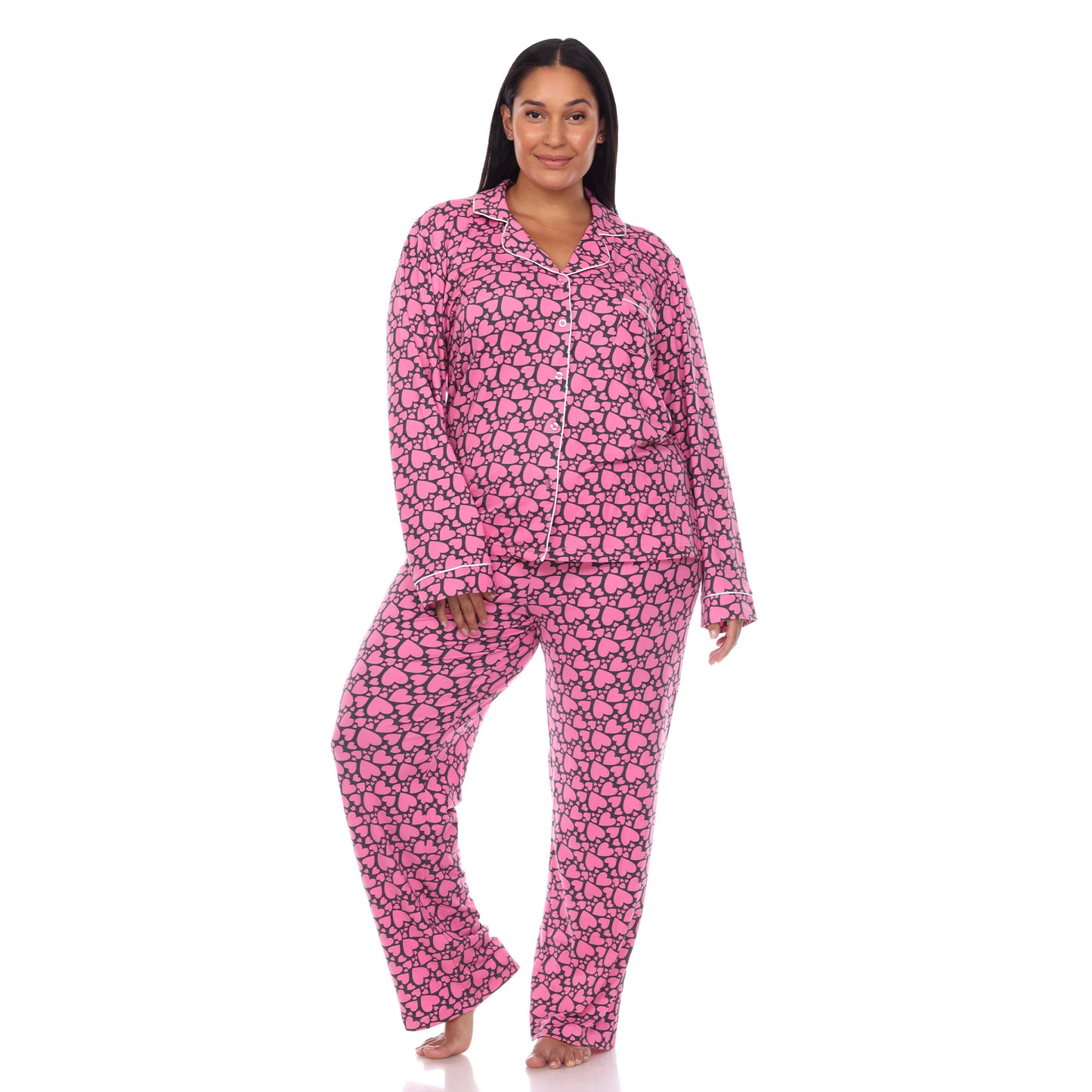 White Mark Women's Long-Sleeve Heart Print Pajama Set
