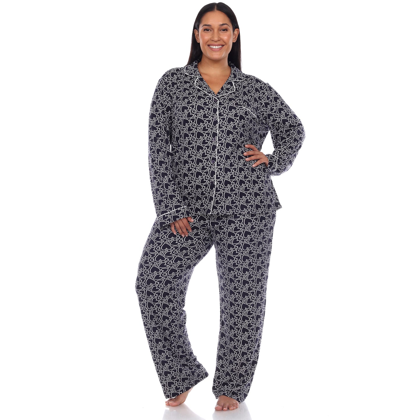 White Mark Women's Long-Sleeve Heart Print Pajama Set